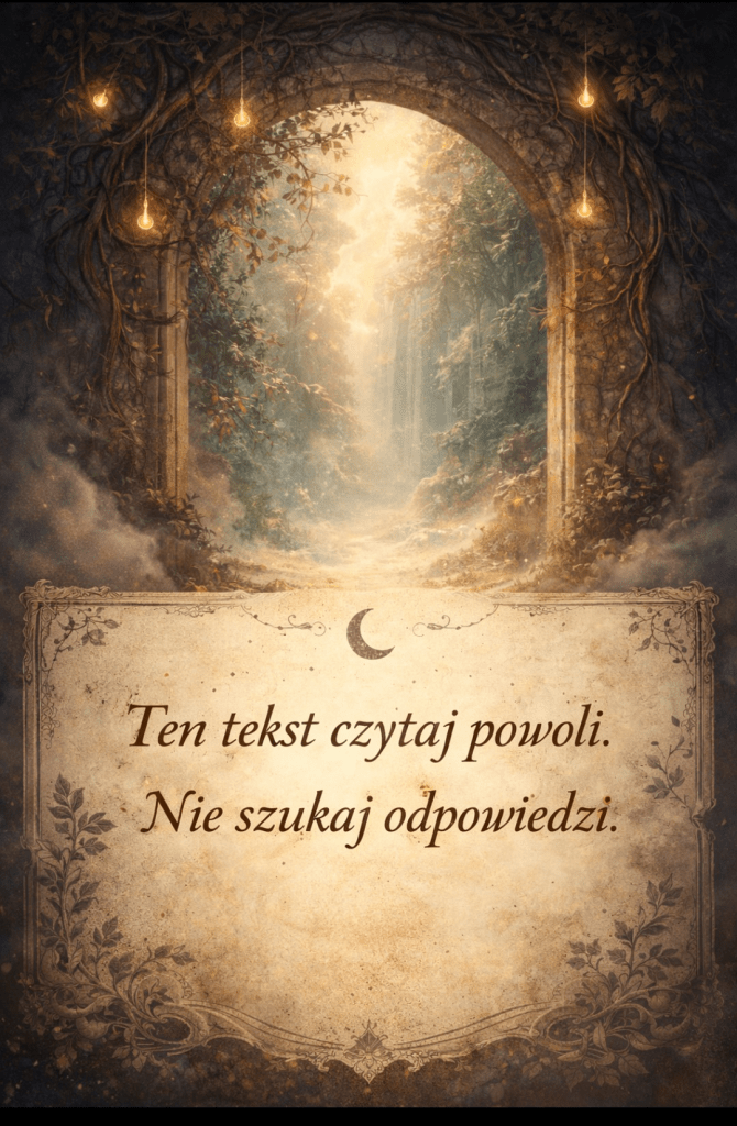 „Mroczna, magiczna brama opleciona pnączami i blaskiem księżyca, prowadząca w głąb tajemniczego lasu oświetlonego złotymi lampionami. W centrum złocisty napis:,,Ten tekst czytaj powoli .Nie szukaj odpowiedzi."