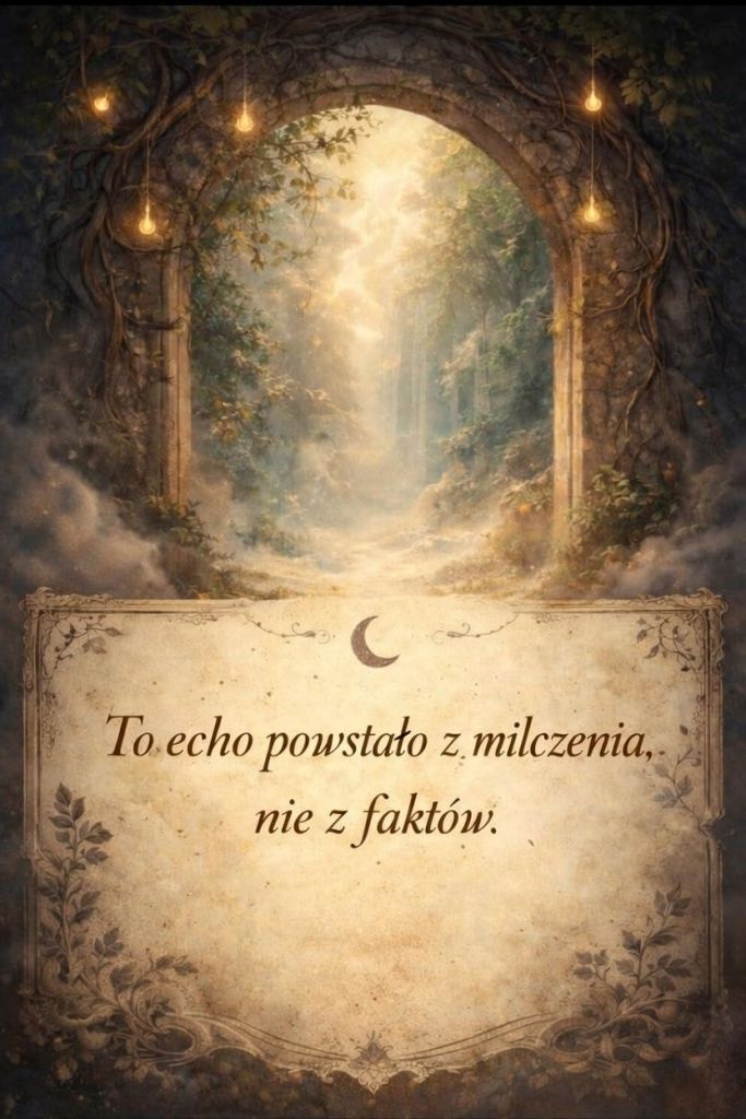 „Mistyczna, porośnięta bluszczem kamienna arkada w lesie, przez którą prześwieca księżycowy blask i delikatna mgła na ścieżce. W dolnej części ozdobna ramka z tekstem: „To echo powstało z milczenia, nie z faktów.” Nastrojowa, melancholijna sceneria nocy i ciszy.”