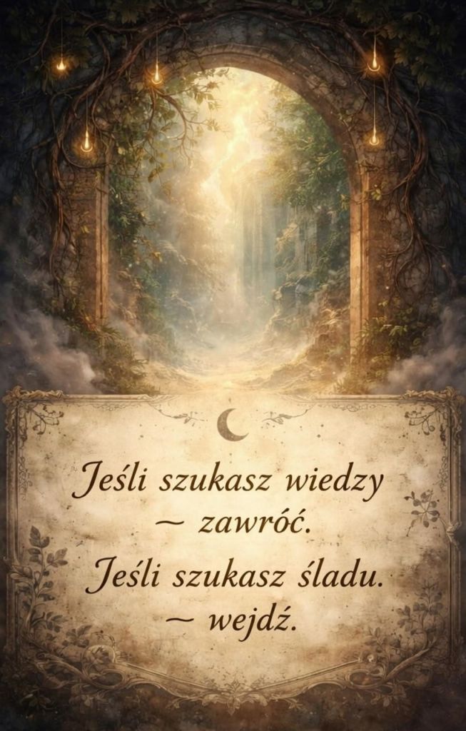 Mroczna, magiczna brama opleciona pnączami i blaskiem księżyca, prowadząca w głąb tajemniczego lasu oświetlonego złotymi lampionami. W centrum złocisty napis: „Jeśli szukasz wiedzy — zawróć. Jeśli szukasz śladu — wejdź.” Atmosfera tajemnicy i wyboru drogi.”