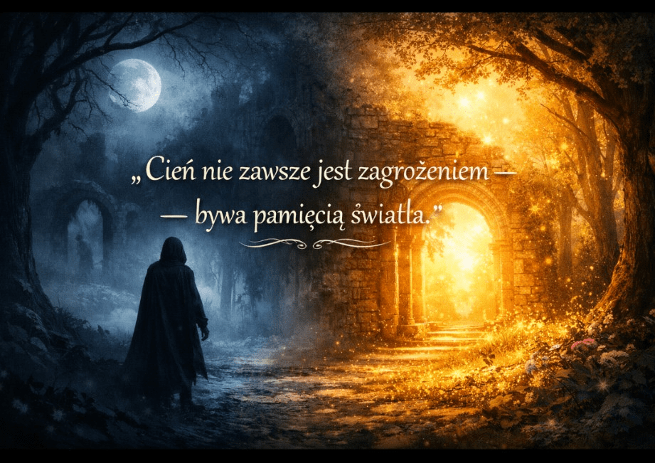 Ilustracja podzielona na dwie kontrastowe połowy: po lewej stronie ciemny, księżycowy las z postacią w pelerynie wśród ruin, tworzący atmosferę tajemnicy i zadumy; po prawej stronie jasny, złocisty las skąpany w świetle, z unoszącymi się cząsteczkami i kamiennym łukiem prowadzącym ku światłu — symbol nadziei i przejścia. W centrum obrazu widnieje cytat: „Cień nie zawsze jest zagrożeniem — bywa pamięcią światła.” Alt Text (techniczny, EN): Illustration split into two contrasting halves: on the left, a dark moonlit forest with a cloaked figure among ruins, evoking mystery and reflection; on the right, a bright golden forest bathed in light, with floating particles and a stone archway leading into brightness — symbolizing hope and transition. Center of the image features the quote: “Shadow is not always a threat — it can be a memory of light.”