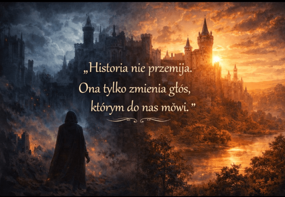 Ilustracja przedstawia fantastyczną scenę podzieloną na dwie kontrastowe części: po lewej stronie mroczny zamek otoczony mgłą i cieniem, z samotną postacią w pelerynie na pierwszym planie — atmosfera tajemnicza, niepokojąca; po prawej stronie ten sam zamek skąpany w złotym świetle, otoczony zielenią i odbijający się w spokojnej rzece — klimat jasny, majestatyczny. Kompozycja ukazuje wizualną metaforę przemiany i dualizmu. W centrum obrazu widnieje cytat: „Historia nie przemija. Ona tylko zmienia głos, którym do nas mówi.” Alt Text (techniczny, EN): The illustration depicts a fantastical scene split into two contrasting halves: on the left, a dark castle surrounded by mist and shadow, with a lone cloaked figure in the foreground — evoking mystery and unease; on the right, the same castle bathed in golden light, surrounded by lush greenery and reflected in a calm river — conveying brightness and majesty. The composition presents a visual metaphor of transformation and duality. Center of the image features the quote: “History does not pass away. It only changes the voice with which it speaks to us.”