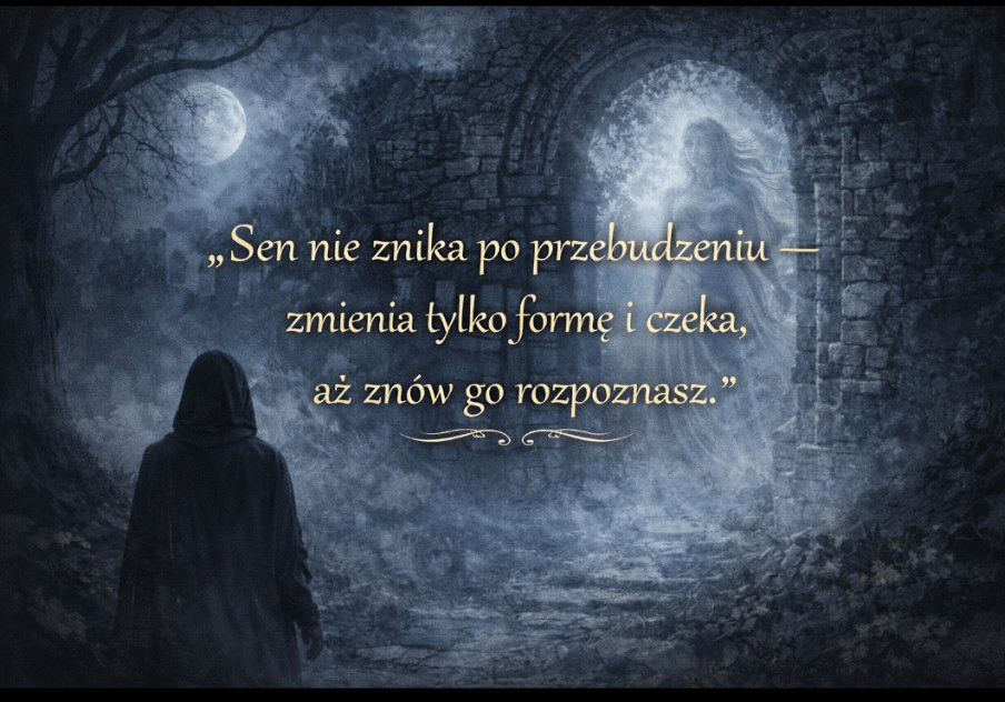 Postać w kapturze stoi w księżycowym lesie przed zrujnowanym kamiennym łukiem, zza którego wyłania się świetlista, eteryczna kobieca sylwetka otoczona mgłą. W tle widoczne są kontury zamku lub twierdzy, częściowo zasłonięte przez drzewa i mgłę. Scena utrzymana w chłodnych tonacjach, buduje nastrój snu, tajemnicy i pamięci. W dolnej części ilustracji widnieje cytat: „Sen nie znika po przebudzeniu — zmienia tylko formę i czeka, aż znów go rozpoznasz.” Alt Text (techniczny, EN): A hooded figure stands in a moonlit forest before a ruined stone archway, from which a glowing, ethereal woman emerges, surrounded by mist. In the background, silhouettes of a castle or fortress appear through fog and trees. The scene is rendered in cool tones, evoking dreamlike mystery and memory. Bottom of the image features the quote: “A dream does not disappear upon awakening — it only changes form and waits until you recognize it again.”