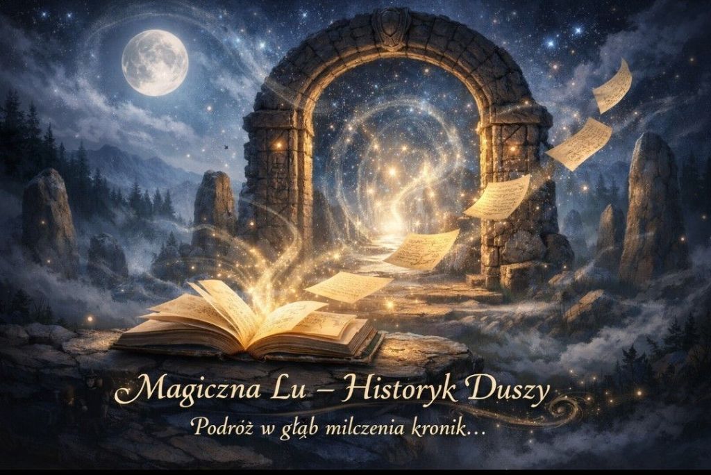 Mistyczna ilustracja w formacie przedstawiająca otwartą, świecącą księgę, z której unoszą się świetliste karty prowadzące ku kamiennej bramie pod pełnią księżyca; symbol podróży w głąb milczenia kronik i pamięci duszy — sygnatura Magische Lu, Historyk Duszy. Alt text (DE): Mystische 16:9-Illustration mit einem leuchtenden, offenen Buch, aus dem schwebende Seiten zu einem steinernen Tor unter dem Vollmond führen; Symbol für die Reise ins Innere des Schweigens der Chroniken und der Erinnerung der Seele — Signatur von Magische Lu, Historikerin der Seele.