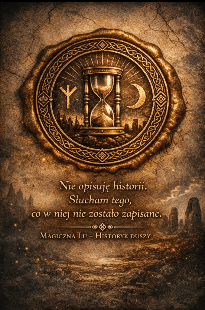 Złota, staroświecka pieczęć w stylu antycznym na pergaminowym tle. W centrum klepsydra otoczona runą nordycką i półksiężycem, z misternym wzorem węzłów celtyckich na obrzeżu. Poniżej złotym, eleganckim pismem napis: ‚Nie opisuję historii. Słucham tego, co w niej nie zostało zapisane. Magiczna Lu – Historyk Duszy’. Tło mgliste, nastrojowe, z odległymi ruinami, podkreślające mistyczny i historyczny charakter pieczęci.