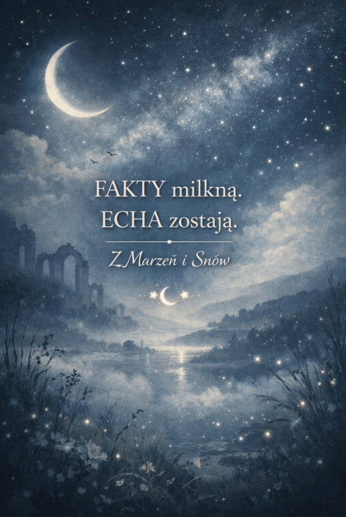 Ilustracja w chłodnych, niebiesko-srebrnych tonach: nocny krajobraz z półksiężycem, gwiazdami i mglistymi ruinami nad spokojną wodą. Na środku typograficzny napis: „FAKTY milkną. ECHA zostają. Z Marzeń i Snów”.