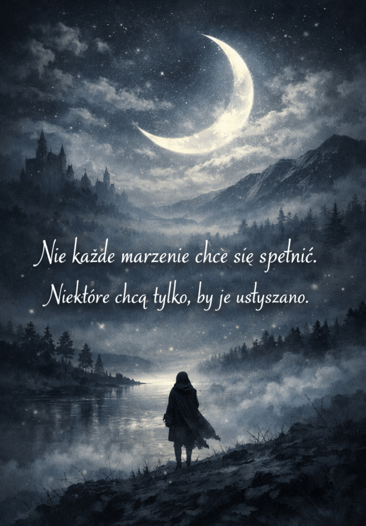 Postać w pelerynie stoi nad spokojnym, mglistym jeziorem, wpatrzona w świetlisty sierp księżyca. Nocne niebo pełne gwiazd i chmur otula tajemniczy krajobraz. W tle, pośród drzew i gór, widać zamek z ostrymi wieżami. Na obrazie widnieje tekst: „Nie każde marzenie chce się spełnić. Niektóre chcą tylko, by je usłyszano.”