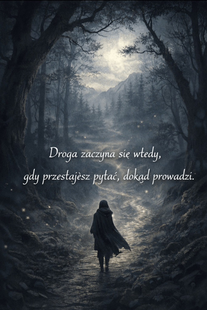 Postać w ciemnej pelerynie kroczy samotnie krętą ścieżką przez gęsty, mglisty las nocą. Eteryczne światło, prawdopodobnie księżycowe, rozświetla drzewa i drogę, tworząc tajemniczą aurę. W tle widać wysokie drzewa, odległe góry i unoszące się świetliste punkty przypominające świetliki lub magiczne iskry. Na obrazie widnieje tekst: „Droga zaczyna się wtedy, gdy przestajesz pytać, dokąd prowadzi.”