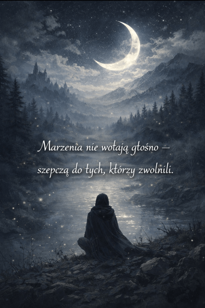 Postać w ciemnej pelerynie siedzi samotnie na skalistym brzegu rzeki, spoglądając w stronę zamku ukrytego wśród sosen i gór. Nad spokojną taflą wody rozpościera się nocne niebo pełne gwiazd, z jasno świecącym sierpem księżyca. Scena emanuje ciszą, zadumą i tajemnicą. Na obrazie widnieje tekst: „Marzenia nie wołają głośno — szepczą do tych, którzy zwolnili.”