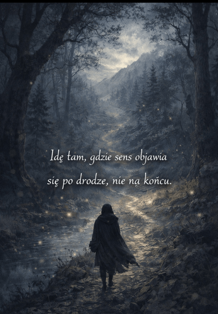 Postać w ciemnej pelerynie wędruje samotnie krętą ścieżką przez tajemniczy las o zmierzchu lub o świcie. Wysokie drzewa otulone mgłą tworzą tunel światła i cienia, a w powietrzu unoszą się świetliki lub magiczne iskry. W oddali majaczą góry pod zachmurzonym niebem, nadając scenie klimat podróży i odkrywania. Na obrazie widnieje tekst: „Idę tam, gdzie sens objawia się po drodze, nie na końcu.”