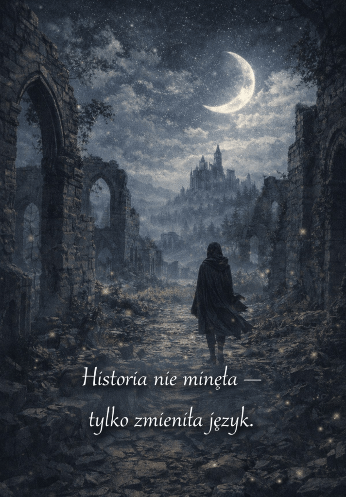 Postać w pelerynie przemierza nocą ruiny starożytnej kamiennej budowli, wśród łuków i zniszczonych murów. Ścieżka prowadzi ku odległemu, oświetlonemu zamkowi na wzgórzu, pod gwiaździstym niebem z sierpem księżyca. W powietrzu unoszą się świetliste punkty, dodając scenie magicznego blasku. Obraz emanuje aurą tajemnicy, historii i podróży przez czas. Na ilustracji widnieje tekst: „Historia nie minęła — tylko zmieniła język.”