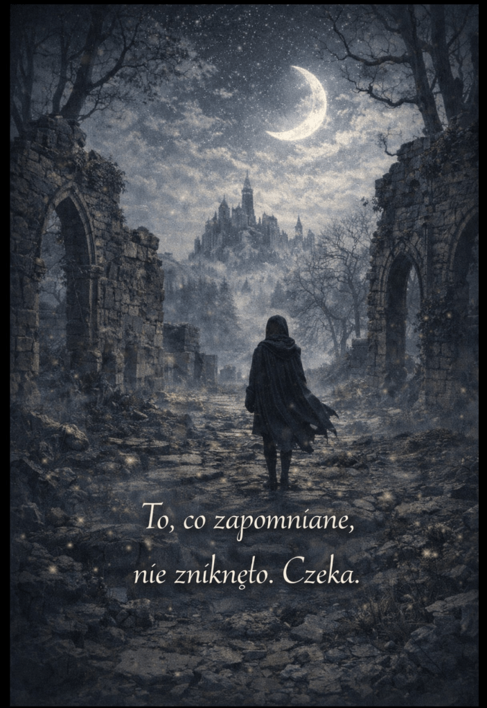 Człowiek w pelerynie przechodzi przez zrujnowany kamienny łuk pod gwiaździstym niebem z sierpowym księżycem, zmierzając samotnie w stronę zamglonego zamku w oddali; atmosfera tajemnicza, pełna zapomnianych historii i czekających sekretów. Alt Text (EN): A cloaked figure walks through a ruined stone archway under a crescent moon and starry sky, heading alone toward a mist-shrouded castle in the distance; the mood is mysterious, steeped in forgotten history and waiting secrets. Na obrazie widnieje tekst w języku polskim: „To, co zapomniane, nie zniknęło. Czeka.”