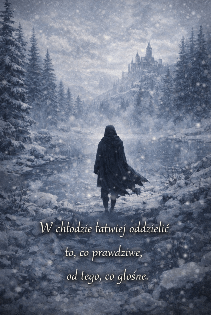 Postać w ciemnej pelerynie stoi na ośnieżonej ścieżce w lesie, obok zamglonego zbiornika wodnego. W tle, na wzgórzu otoczonym zaśnieżonymi drzewami, wznosi się majestatyczny zamek. Pada gęsty śnieg, a całość spowita jest chłodną, kontemplacyjną aurą. W dolnej części ilustracji widnieje cytat: „W chłodzie łatwiej oddzielić to, co prawdziwe, od tego, co głośne.” Alt Text (techniczny, EN): A cloaked figure stands on a snowy forest path near a misty body of water. In the background, atop a hill surrounded by snow-covered trees, rises a majestic castle. Heavy snow falls, enveloping the scene in a cold, contemplative atmosphere. Bottom of the image features the quote: “In the cold, it is easier to separate what is true from what is loud.”