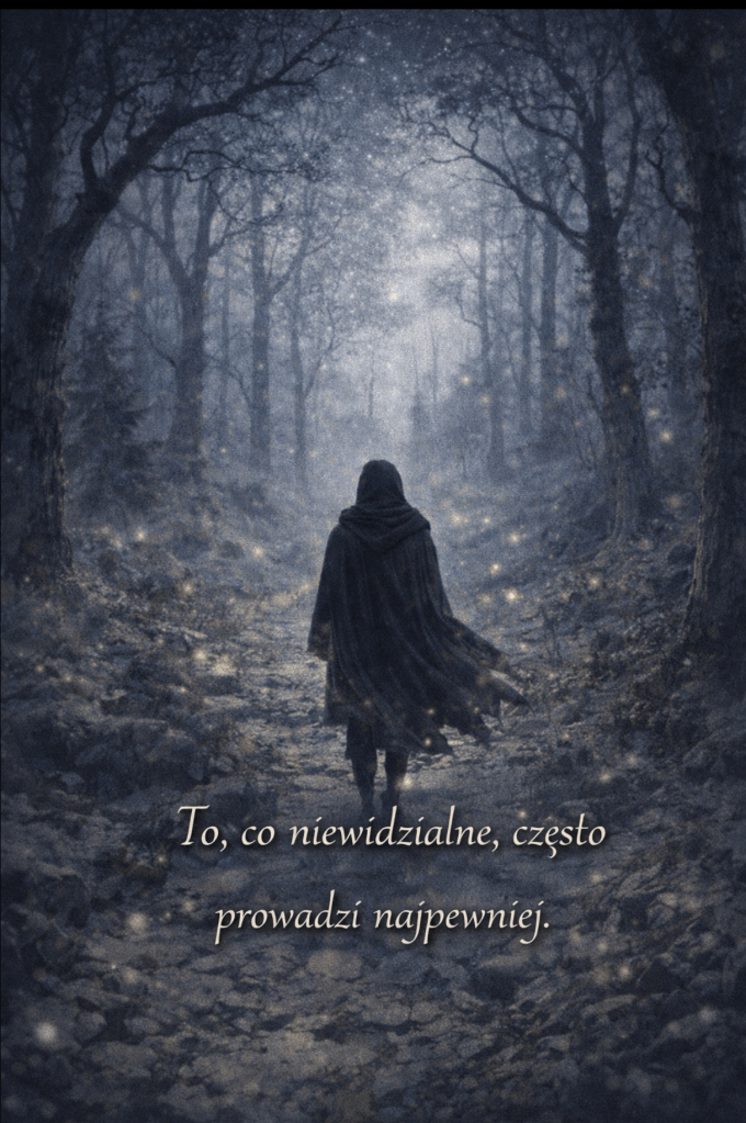 Postać w ciemnej pelerynie idzie samotnie leśną ścieżką otoczoną wysokimi, bezlistnymi drzewami. W powietrzu unoszą się świetliste cząsteczki, tworząc eteryczną, niemal magiczną atmosferę. Dominują chłodne odcienie niebieskiego, podkreślające tajemniczość i skupienie. W dolnej części ilustracji widnieje cytat: „To, co niewidzialne, często prowadzi najpewniej.” Alt Text (techniczny, EN): A cloaked figure walks alone down a forest path surrounded by tall, leafless trees. Glowing particles float in the air, creating an ethereal, magical ambiance. Cool bluish tones dominate, enhancing the sense of mystery and introspection. Bottom of the image features the quote: “What is invisible often leads most surely.”