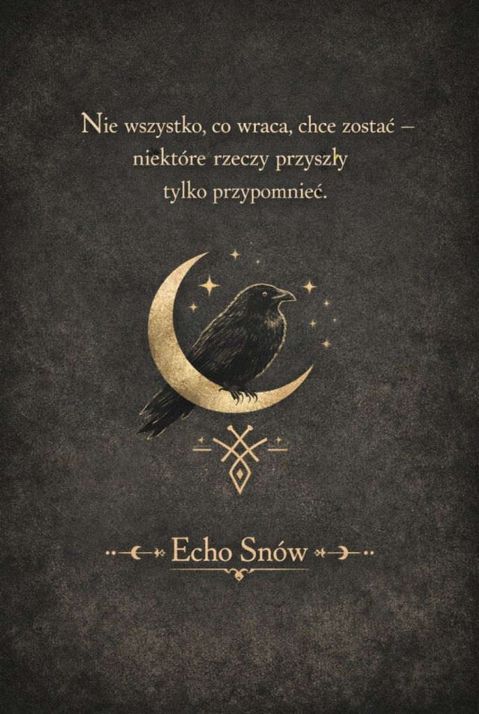 „Czarny kruk siedzi na złotym półksiężycu, otoczony drobnymi gwiazdami na ciemnym, teksturowanym tle. Pod nim widnieje geometryczny symbol, a poniżej tytuł ‘Echo Snów’ w ozdobnym złotym kroju pisma. Kompozycja emanuje tajemnicą, pamięcią i introspekcją.”Na obrazie widnieje złoty napis: „Nie wszystko, co wraca, chce zostać — niektóre rzeczy przyszły tylko przypomnieć.” Pod nim znajduje się tytuł „Echo Snów” w ozdobnym kroju pisma, poprzedzony geometrycznym symbolem. Całość utrzymana jest w tajemniczym, introspekcyjnym stylu, z czarnym krukiem na złotym półksiężycu w centrum kompozycji