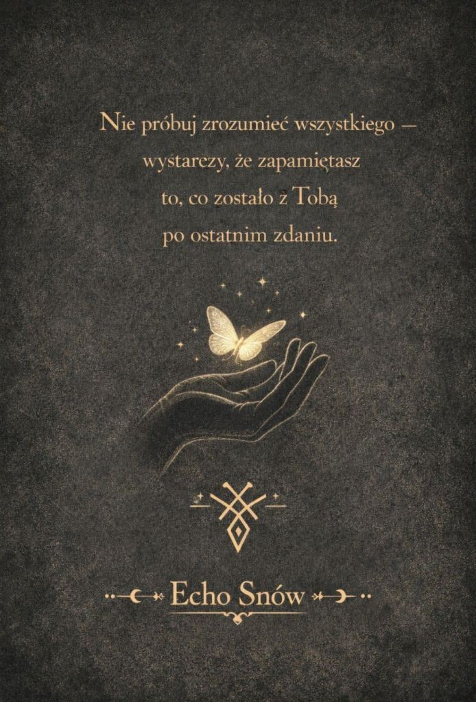 „Złoty motyl unosi się nad otwartą dłonią na ciemnym tle, otoczony gwiazdami. Pod dłonią widnieje geometryczny symbol, a poniżej tytuł ‘Echo Snów’ w ozdobnym złotym kroju pisma. Kompozycja emanuje mistycznym spokojem i introspekcją.”Na obrazie widnieje złoty napis: „Nie próbuj zrozumieć wszystkiego — wystarczy, że zapamiętasz to, co zostało z Tobą po ostatnim zdaniu.” Pod nim znajduje się tytuł „Echo Snów” w ozdobnym kroju pisma, poprzedzony geometrycznym symbolem. Całość utrzymana jest w mistycznym,