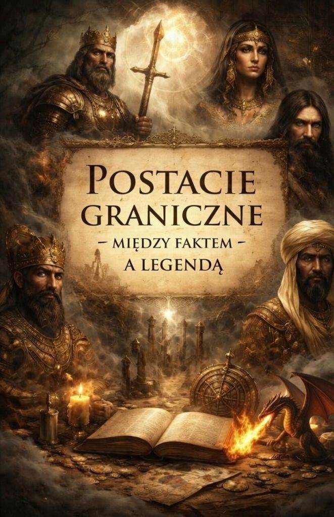 „Epicka okładka książki fantasy: Postacie graniczne między faktem a legendą. W centrum otwarta starożytna księga z mapami i runami, otoczona płonącymi świecami i złotymi monetami. Nad księgą unosi się magiczne, złote światło. Wokół stoją majestatyczne postacie historyczno-legendarne: król w koronie z mieczem, wojownicza kobieta w biżuterii, brodaty wojownik w zbroi, długowłosy mędrzec i postać w turbanie. W tle mroczne, mistyczne tło z kolumnami, smokiem i smugami mgły.”