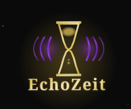 Logo EchoZeit przedstawiające ozdobną starodawną klepsydrę w złotym kolorze z przepływającym piaskiem w centrum kompozycji. Po obu stronach klepsydry widoczne są intensywne fioletowe fale symbolizujące echo. Pod klepsydrą umieszczony jest napis "EchoZeit" w eleganckiej czcionce ze złotym gradientem. Całość na ciemnym tle z subtelną poświatą