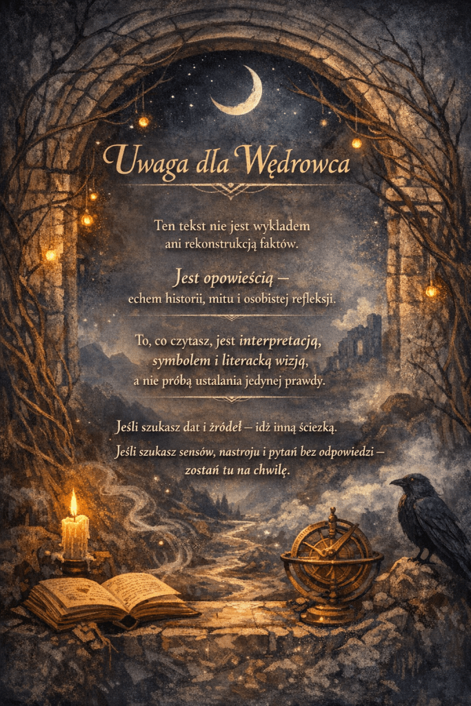Ilustracja nocnej sceny fantasy w kamiennym łuku: księżyc, gwiazdy, świecące kule na gałęziach, otwarta księga przy świecy, astrolabium i kruk. Ścieżka prowadzi w mglisty krajobraz górski. Tekst ostrzega Wędrowca, że to opowieść — nie fakt, lecz symbol, mit i refleksja. Alt text (EN): Fantasy nighttime illustration framed by a stone arch: crescent moon, stars, glowing orbs on branches, open candle-lit book, astrolabe, and raven. A path leads into a misty mountain landscape. The Polish text warns the Wanderer: this is a story — not fact, but symbol, myth, and reflection.