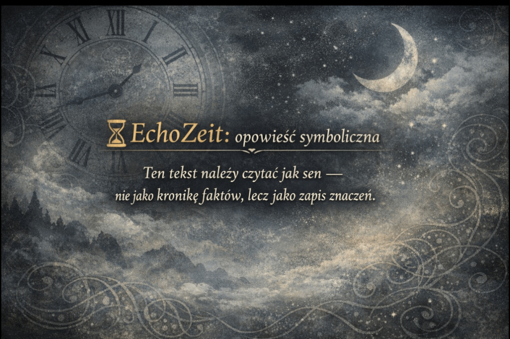 Alt Text (PL): Ilustracja o mistycznym charakterze: ciemne, gwiaździste niebo z półksiężycem, wirujące chmury i ornamenty tworzą senne tło. Po lewej stronie widoczny jest duży, wyblakły zegar z rzymskimi cyframi — symbol czasu. Dekoracyjny napis „EchoZeit: opowieść symboliczna” wprowadza w klimat snu i znaczeń, nie faktów. Alt Text (EN): Mystical illustration: a dark, starry sky with a crescent moon, swirling clouds, and ornate patterns evoke a dreamlike atmosphere. On the left, a large faded clock with Roman numerals symbolizes time. The decorative Polish title “EchoZeit: opowieść symboliczna” invites the viewer to read the text as a dream, a record of meanings rather than facts.