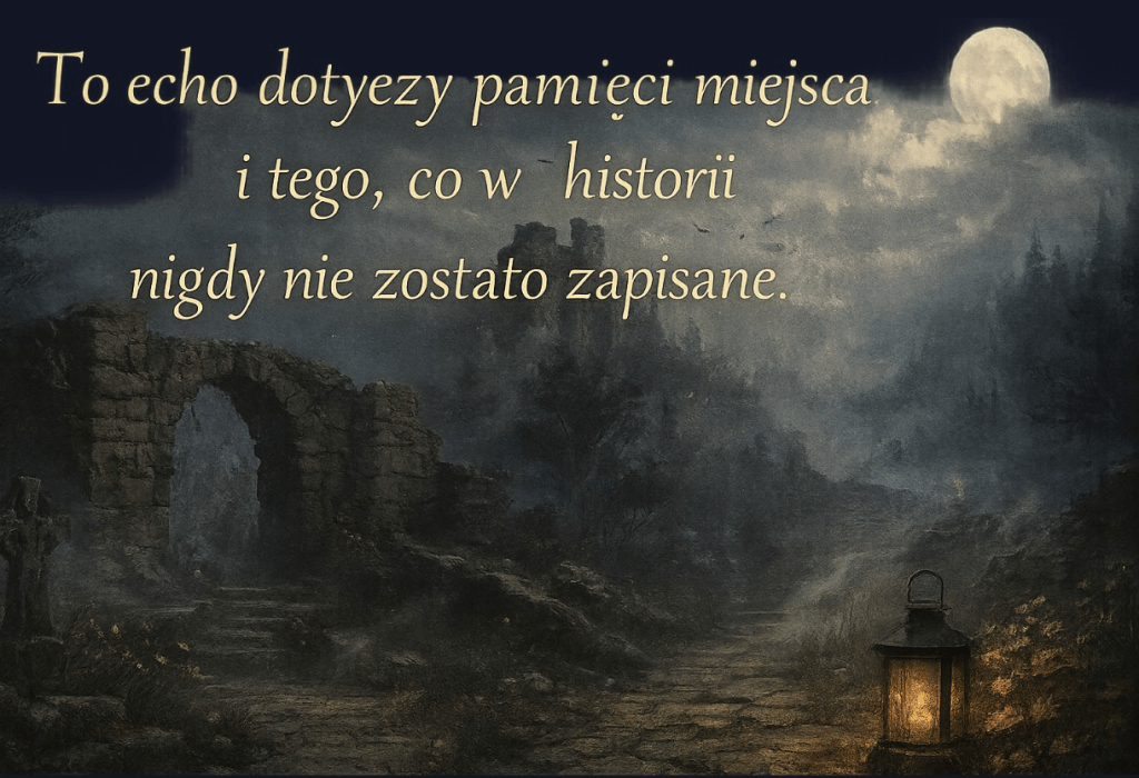 Sygnatura przedstawia rytualną scenę ruin w świetle księżyca. W centrum znajduje się świecąca latarnia na brukowanej ścieżce, otoczona dzikimi kwiatami. Po lewej stronie stoi omszały celtycki krzyż, a w tle widnieje kamienny łuk i pozostałości zamku wśród mgły i lasu. Nad ruinami unoszą się ptaki, a złoty napis w eleganckim szeryfowym kroju głosi: „To echo dotyczy pamięci miejsca i tego, co w historii nigdy nie zostało zapisane.” Alt Text (English):The signature depicts a ritual moonlit scene of ruins. At the center, a glowing lantern rests on a cobblestone path surrounded by wildflowers. To the left stands a moss-covered Celtic cross, and in the misty background, a stone arch and remnants of a castle rise among forest trees. Birds fly overhead, and a golden serif inscription reads: “This echo concerns the memory of a place and that which in history was never recorded.”